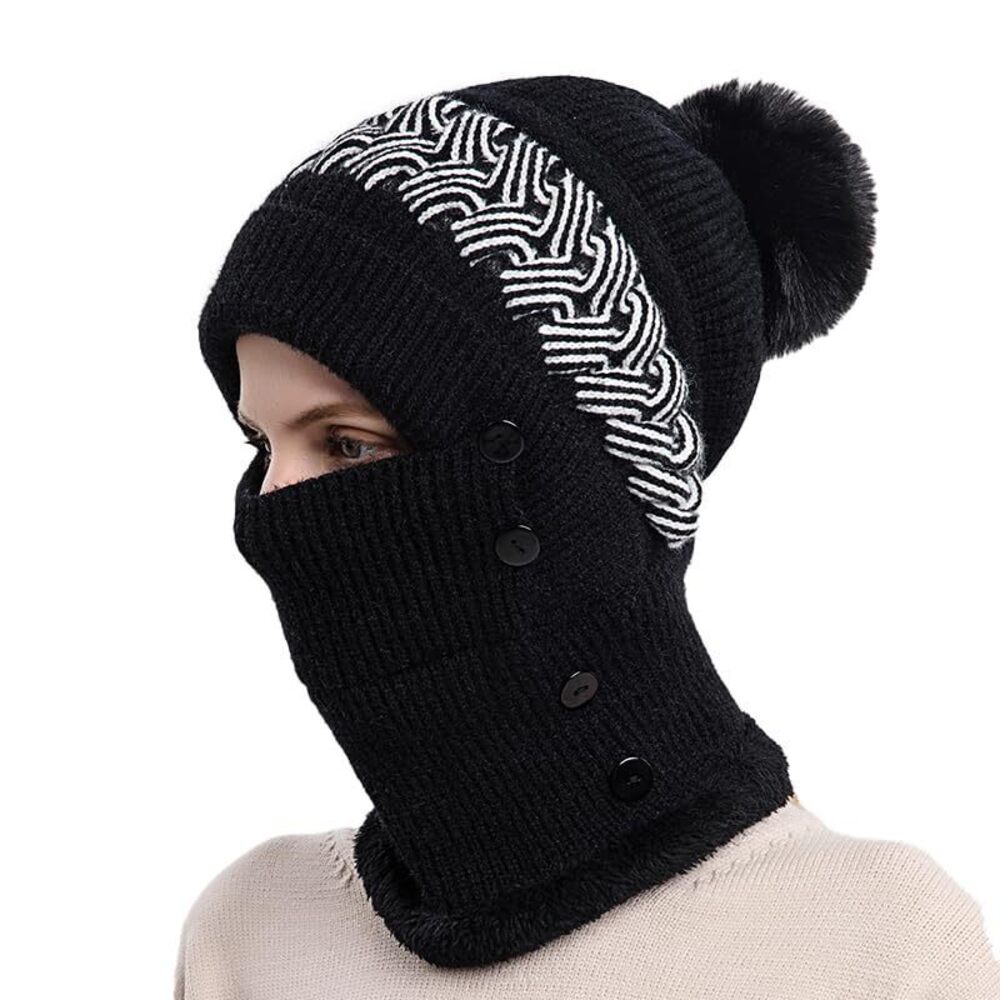 8898 Black Winter Beanie Hat Scarf Mask Set Fleece Lined Pom Pom Knit Hat